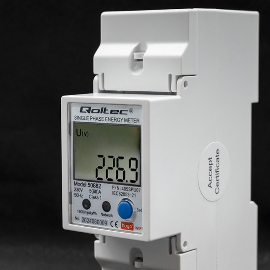 Qoltec 50882 Single phase electronic energy consumption meter for DIN rail | Wi-Fi | TUYA | 230V | LCD