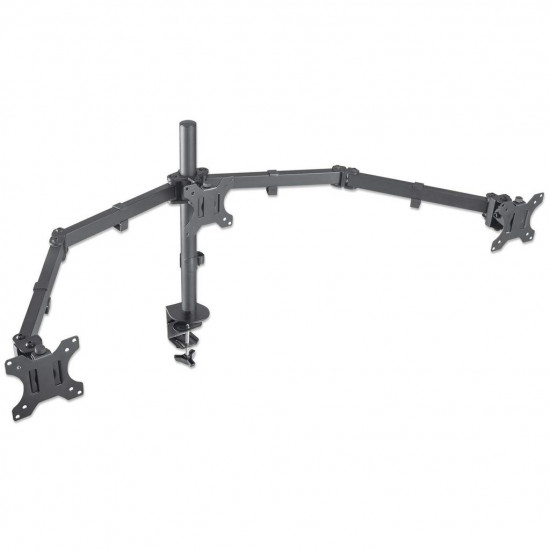 Manhattan TV & Monitor Mount, Desk, Double-Link Arms, 3 screens, Screen Sizes: 10-27, Black, Clamp Assembly, Triple Screen, VESA 75x75 to 100x100mm, Max 7kg (each), Lifetime Warranty