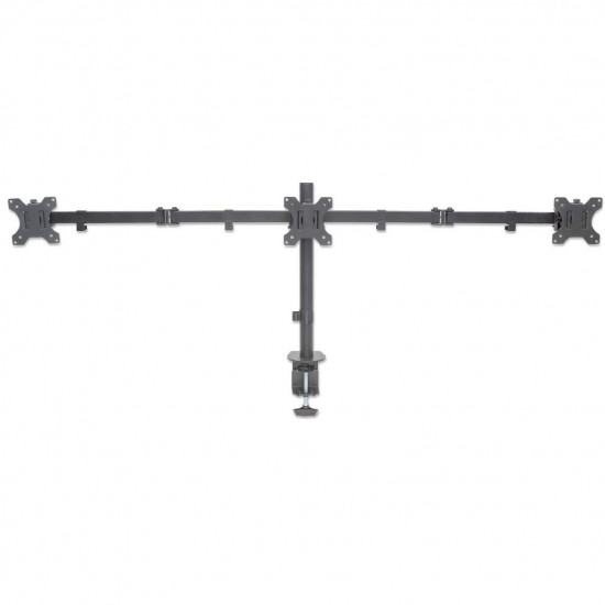 Manhattan TV & Monitor Mount, Desk, Double-Link Arms, 3 screens, Screen Sizes: 10-27, Black, Clamp Assembly, Triple Screen, VESA 75x75 to 100x100mm, Max 7kg (each), Lifetime Warranty