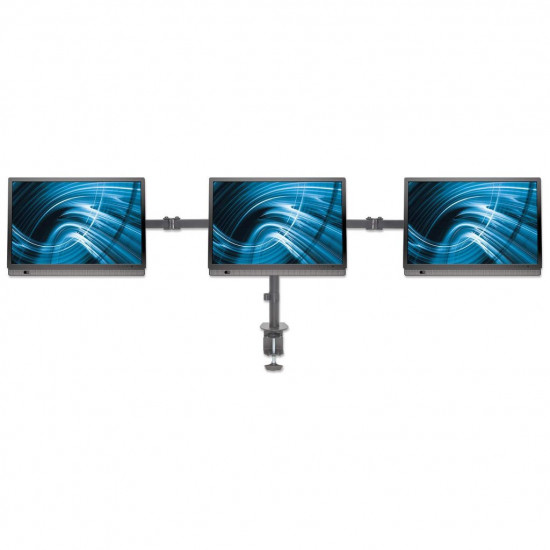 Manhattan TV & Monitor Mount, Desk, Double-Link Arms, 3 screens, Screen Sizes: 10-27, Black, Clamp Assembly, Triple Screen, VESA 75x75 to 100x100mm, Max 7kg (each), Lifetime Warranty