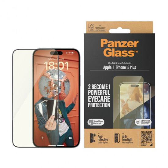 PanzerGlass ® Eyecare Screen Protection iPhone 15 Plus | Ultra-Wide Fit w. EasyAligner