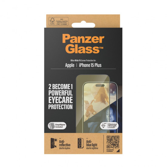 PanzerGlass ® Eyecare Screen Protection iPhone 15 Plus | Ultra-Wide Fit w. EasyAligner