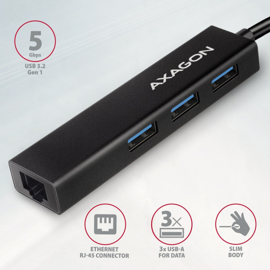 Axagon HMC-GL3A USB-C-Hub 3x USB-A Gbit-LAN schwarz USB 3.2 Gen 1 (3.1 Gen 1) Type-C 5000 Mbit/s Black