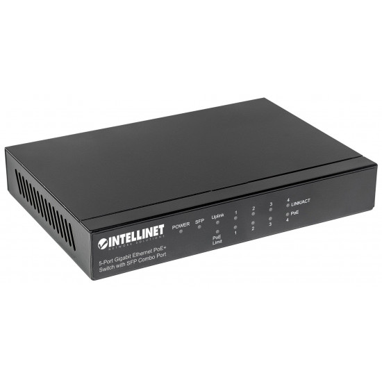 Intellinet 5-Port Gigabit Ethernet PoE+ Switch with SFP Combo Port, 4 x PSE Ports, IEEE 802.3at/af Power over Ethernet (PoE+/PoE) Compliant, 80 W, Desktop (Euro 2-pin plug)