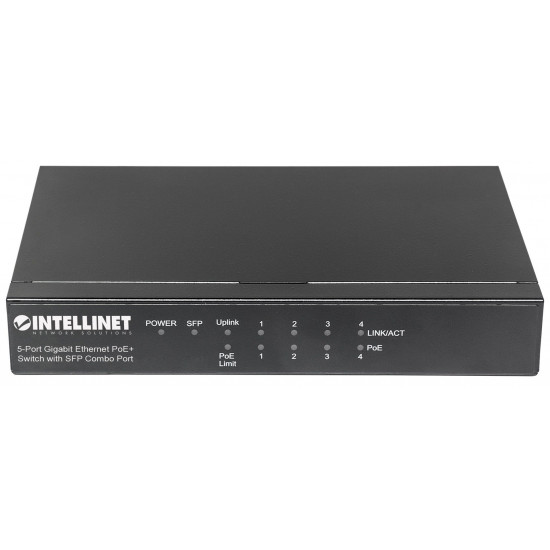 Intellinet 5-Port Gigabit Ethernet PoE+ Switch with SFP Combo Port, 4 x PSE Ports, IEEE 802.3at/af Power over Ethernet (PoE+/PoE) Compliant, 80 W, Desktop (Euro 2-pin plug)