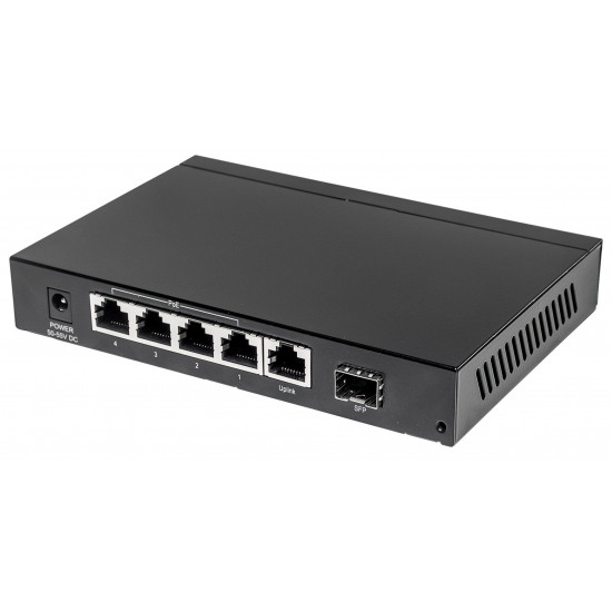 Intellinet 5-Port Gigabit Ethernet PoE+ Switch with SFP Combo Port, 4 x PSE Ports, IEEE 802.3at/af Power over Ethernet (PoE+/PoE) Compliant, 80 W, Desktop (Euro 2-pin plug)