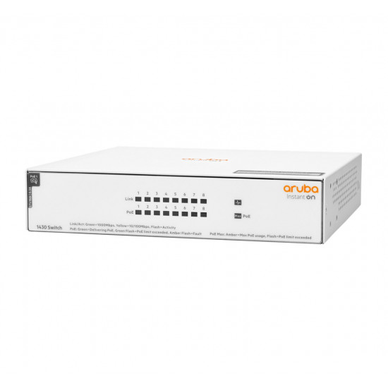 HPE Aruba Networking Aruba Instant On 1430 8G Class4 PoE 64W Unmanaged L2 Gigabit Ethernet (10/100/1000) Power over Ethernet (PoE) White