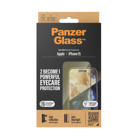 PanzerGlass ® Eyecare Screen Protection iPhone 15 | Ultra-Wide Fit w. EasyAligner