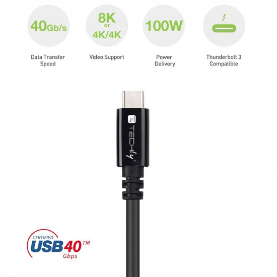 Techly USB 4 Gen 3 Type-C™ Cable M/M E-Mark 8K 40Gbps 100W PD 0,8m Black