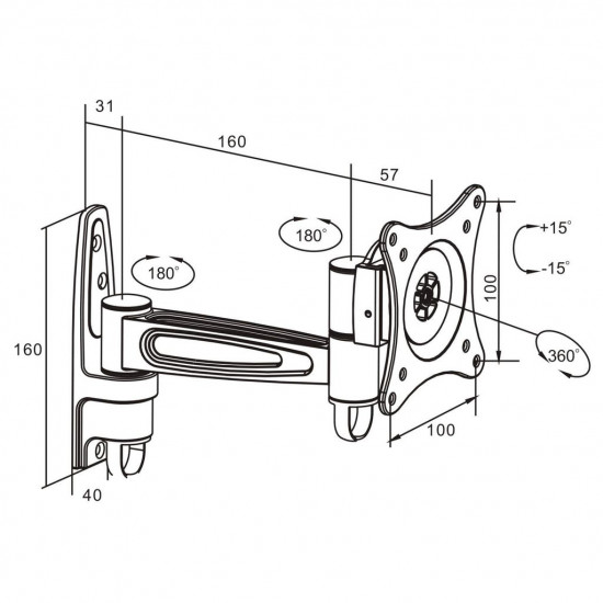 Manhattan TV & Monitor Mount, Wall, Full Motion, 1 screen, Screen Sizes: 13-27, Black, VESA 75x75 to 100x100, Max 15kg, Tilt & Swivel with 3 Pivots, Lifetime Warranty