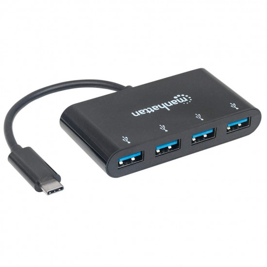 Manhattan USB-C Dock/Hub, Ports (x4): USB-A (x4), 5 Gbps (USB 3.2 Gen1 aka USB 3.0), External Power Supply Not Needed, Equivalent to HB30C4AB, Cable 20cm, SuperSpeed USB, Black, Three Year Warranty, Blister