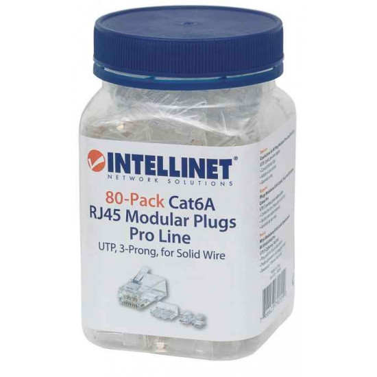 Intellinet RJ45 Modular Plugs Pro Line, Cat6A, UTP, 3-prong, for solid wire, 50 µ gold-plated contacts, 80 pack