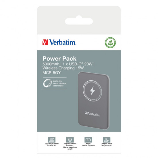 Verbatim Charge 'n' Go Magnetic Wireless Power Bank 5000mAh Grey