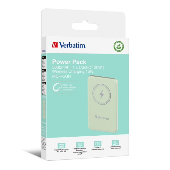 Verbatim Charge 'n' Go Magnetic Wireless Power Bank 5000mAh Green