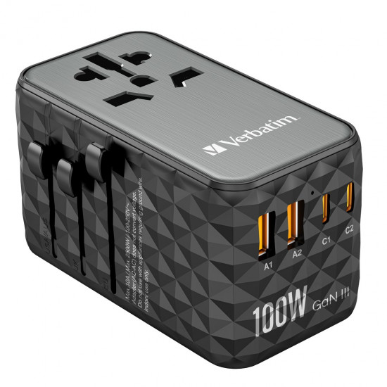 Verbatim UTA-06 100W GaN III Universal Travel Adapter with 2 x USB-C PD & QC 4+ & 2 x USB-A QC 3.0 ports