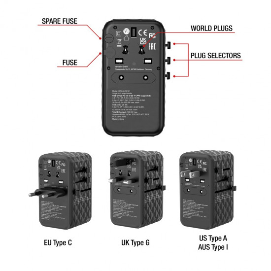 Verbatim UTA-06 100W GaN III Universal Travel Adapter with 2 x USB-C PD & QC 4+ & 2 x USB-A QC 3.0 ports