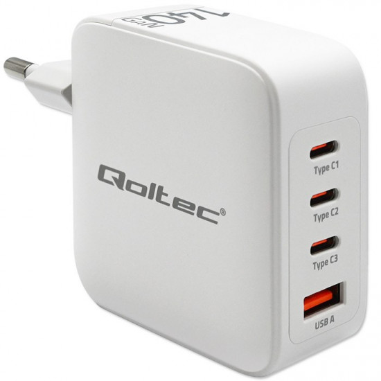 Qoltec 140W GaN Wall Charger | 5-20V | 2.5-5A | 3 x USB-C PD | 1 x USB QC 3.0 | White