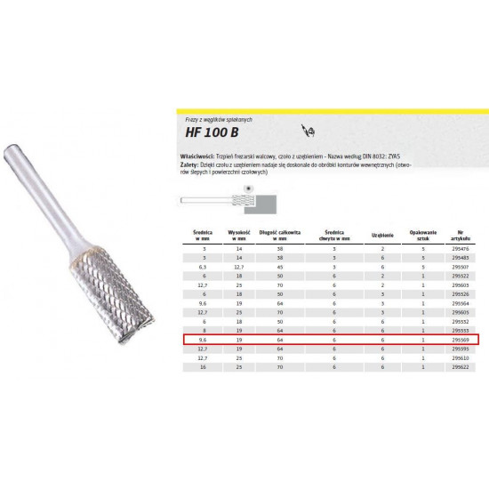 K.SINTERED CARBON CUTTER.HF 100 B /9,6mm/569 CYLINDER FI=9,6x19mm, shank 6mm, ZYAS TYPE