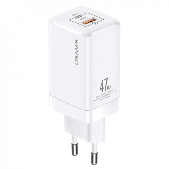 Usams T41 47W GaN 1xUSB-C + 1xUSB PD 3.0 QC 4.0 Wall Charger without Cable - White