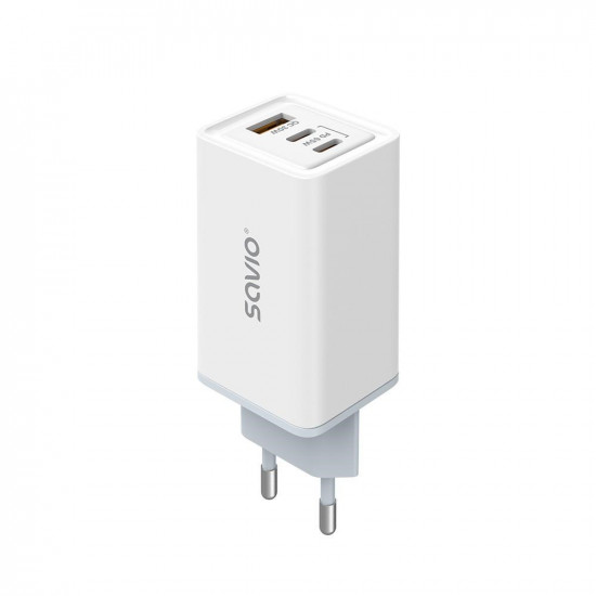 Savio GaN LA-07 65W wall charger with USB-A-USB type C cable 1 m, white