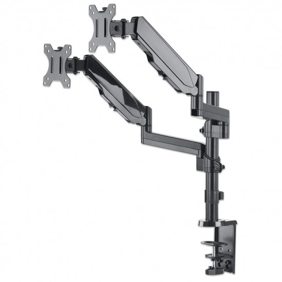 Manhattan TV & Monitor Mount, Desk, Full Motion (Gas Spring), 2 screens, Screen Sizes: 10-27, Black, Clamp or Grommet Assembly, Dual Screen, VESA 75x75 to 100x100mm, Max 8kg (each), Lifetime Warranty