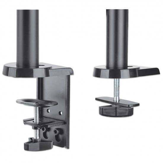 Manhattan TV & Monitor Mount, Desk, Full Motion (Gas Spring), 2 screens, Screen Sizes: 10-27, Black, Clamp or Grommet Assembly, Dual Screen, VESA 75x75 to 100x100mm, Max 8kg (each), Lifetime Warranty