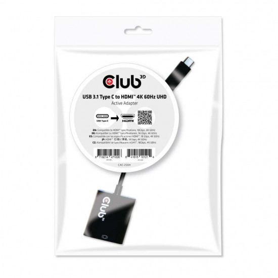 CLUB3D USB 3.1 Type C to HDMI 2.0 UHD 4K 60Hz Active Adapter