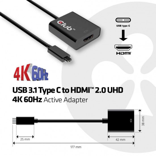 CLUB3D USB 3.1 Type C to HDMI 2.0 UHD 4K 60Hz Active Adapter