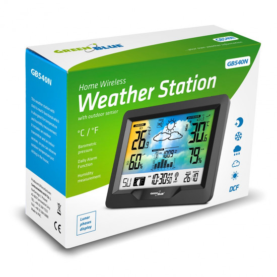 GreenBlue wireless weather station, color, with DCF system, moon phases, barometer, calendar, power adapter, GB540N