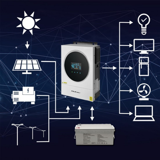 Qoltec 53873 Hybrid Solar Inverter Off-Grid 6kVA | 6kW | 120A | MPPT | LCD | Wi-Fi | BMS | Sinus