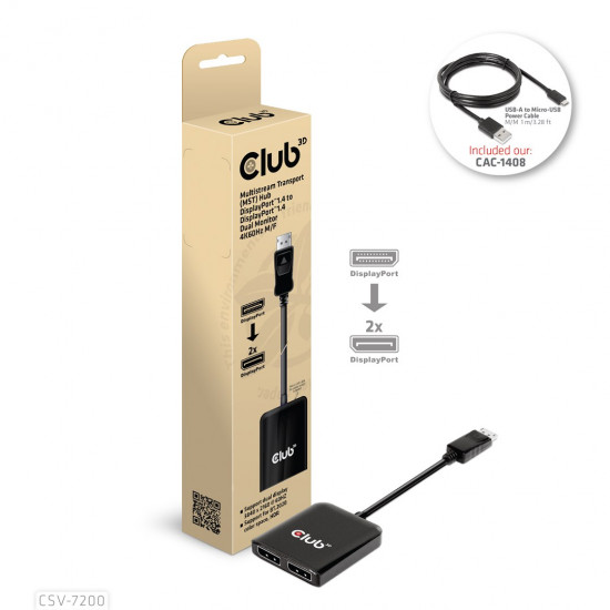 CLUB 3D CSV-7200  Multistream Transport (MST) Hub DisplayPort™1.4 to DisplayPort™1.4 Dual Monitor 4K60Hz M/F