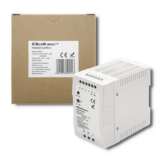 Qoltec 50914 DIN rail power supply | 90W | 12V | 7.5A | White | Slim