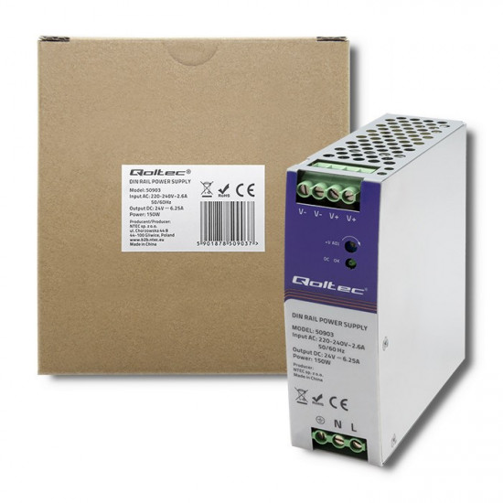 Qoltec 50903 Industrial DIN rail power supply | 150W | 24V | 6.25A