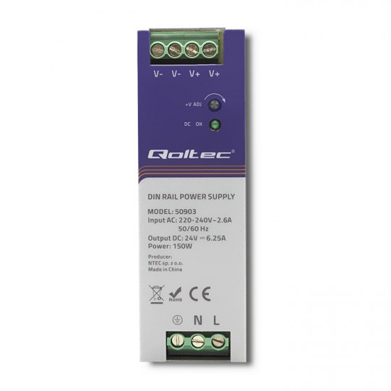 Qoltec 50903 Industrial DIN rail power supply | 150W | 24V | 6.25A