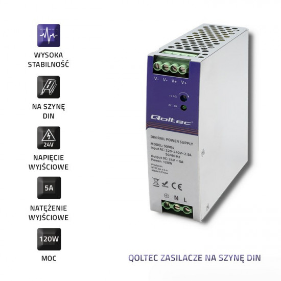 Qoltec 50904 Industrial DIN rail power supply | 120W | 24V | 5A