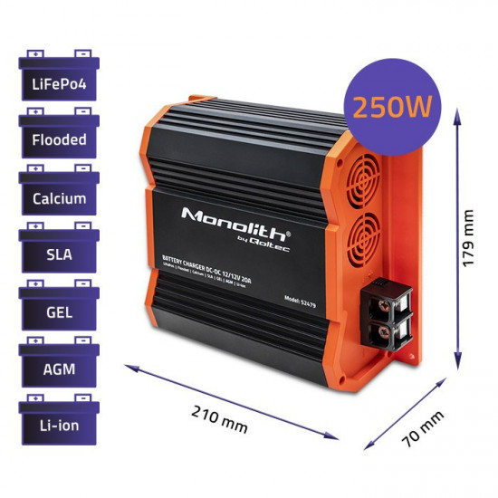 Qoltec 52479 Monolith DC-DC charger for LiFePO4 AGM 12V batteries | 20A | 250W