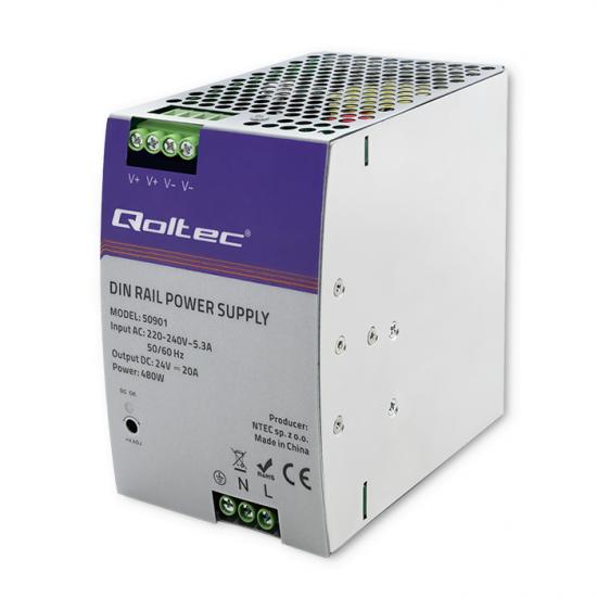 Qoltec 50901 Industrial DIN rail power supply | 480W | 24V | 20A