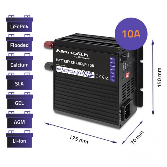 Qoltec 51958 Smart Monolith charger for LiFePO4 AGM GEL SLA batteries | 10A | 12V