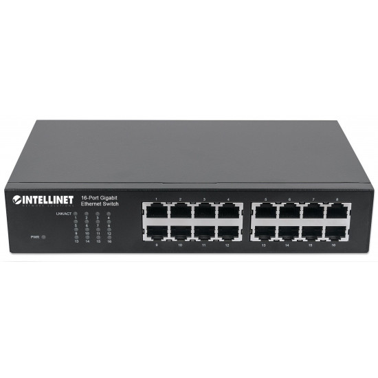 Intellinet 16-Port Gigabit Ethernet Switch, 16-Port RJ45 10/100/1000 Mbps, IEEE 802.3az Energy Efficient Ethernet, Desktop, 19 Rackmount