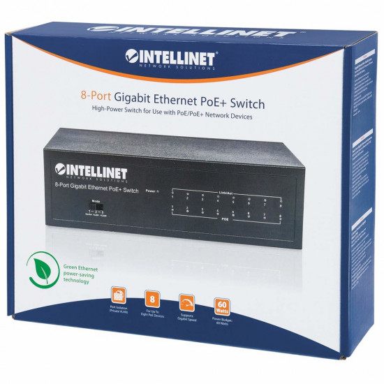 Intellinet 8-Port Gigabit Ethernet PoE+ Switch, IEEE 802.3at/af Power over Ethernet (PoE+/PoE) Compliant, 60 W, Desktop, Box