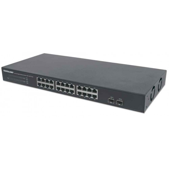 Intellinet 24-Port Gigabit Ethernet Switch with 2 SFP Ports, 24 x 10/100/1000 Mbps RJ45 Ports + 2 x SFP, IEEE 802.3az (Energy Efficient Ethernet), 19 Rackmount, Metal