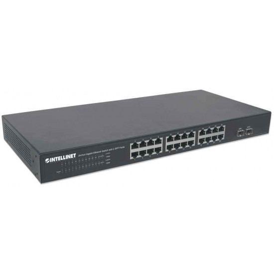 Intellinet 24-Port Gigabit Ethernet Switch with 2 SFP Ports, 24 x 10/100/1000 Mbps RJ45 Ports + 2 x SFP, IEEE 802.3az (Energy Efficient Ethernet), 19 Rackmount, Metal