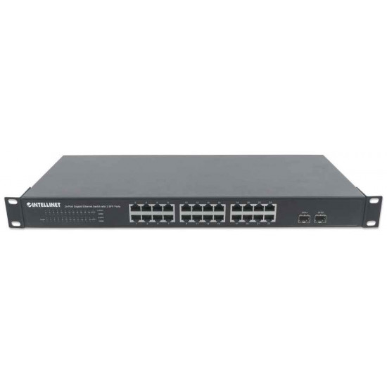 Intellinet 24-Port Gigabit Ethernet Switch with 2 SFP Ports, 24 x 10/100/1000 Mbps RJ45 Ports + 2 x SFP, IEEE 802.3az (Energy Efficient Ethernet), 19 Rackmount, Metal