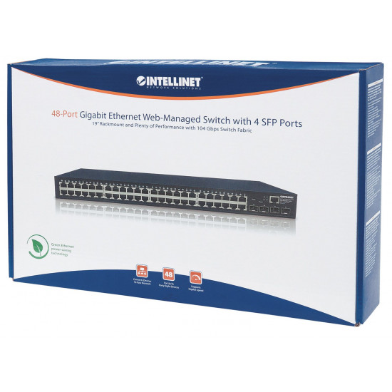 Intellinet 48-Port Gigabit Ethernet Web-Managed Switch with 4 SFP Ports, 48 x 10/100/1000 Mbps RJ45 Ports + 4 x SFP, IEEE 802.3az Energy Efficient Ethernet, SNMP, QoS, VLAN, ACL, 19 Rackmount (Euro 2-pin plug)