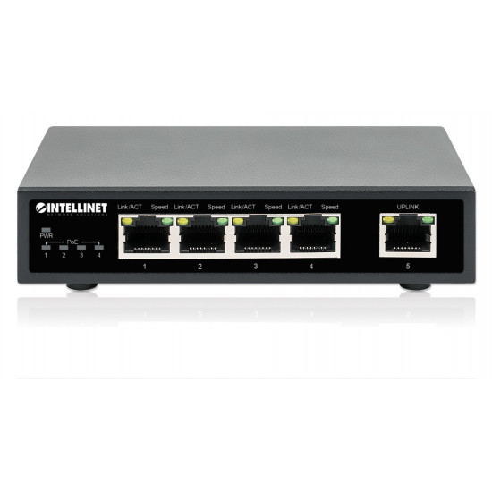 Intellinet 5-Port Gigabit Ethernet PoE+ Switch, Four PSE PoE Ports, IEEE 802.3at/af (PoE+/PoE) Compliant, PoE Power Budget up to 62 W, Desktop Format