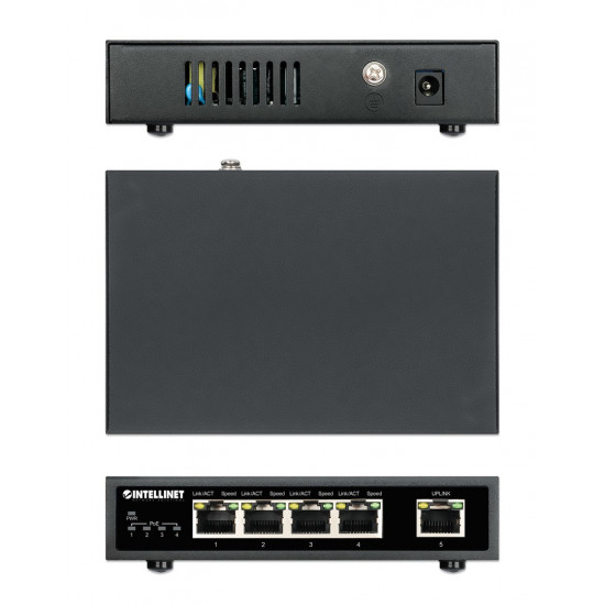 Intellinet 5-Port Gigabit Ethernet PoE+ Switch, Four PSE PoE Ports, IEEE 802.3at/af (PoE+/PoE) Compliant, PoE Power Budget up to 62 W, Desktop Format