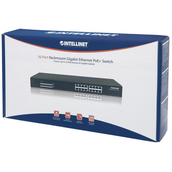 Intellinet 16-Port Gigabit Ethernet PoE+ Switch, 16 x PoE ports, IEEE 802.3at/af Power-over-Ethernet (PoE+/PoE), Endspan, Rackmount