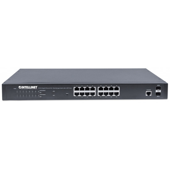 Intellinet 16-Port Gigabit Ethernet PoE+ Web-Managed Switch with 2 SFP Ports, 16 x PoE ports, IEEE 802.3at/af Power over Ethernet (PoE+/PoE), 2 x SFP, Endspan, 19 Rackmount