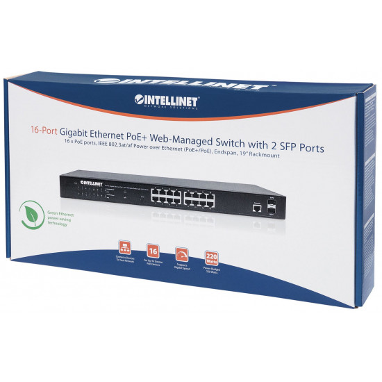 Intellinet 16-Port Gigabit Ethernet PoE+ Web-Managed Switch with 2 SFP Ports, 16 x PoE ports, IEEE 802.3at/af Power over Ethernet (PoE+/PoE), 2 x SFP, Endspan, 19 Rackmount