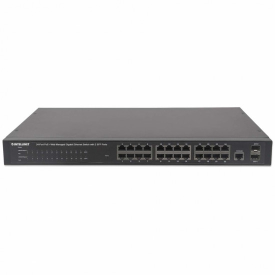 Intellinet 24-Port Gigabit Ethernet PoE+ Web-Managed Switch with 2 SFP Ports, 24 x PoE ports, IEEE 802.3at/af Power over Ethernet (PoE+/PoE), 2 x SFP, Endspan, 19 Rackmount